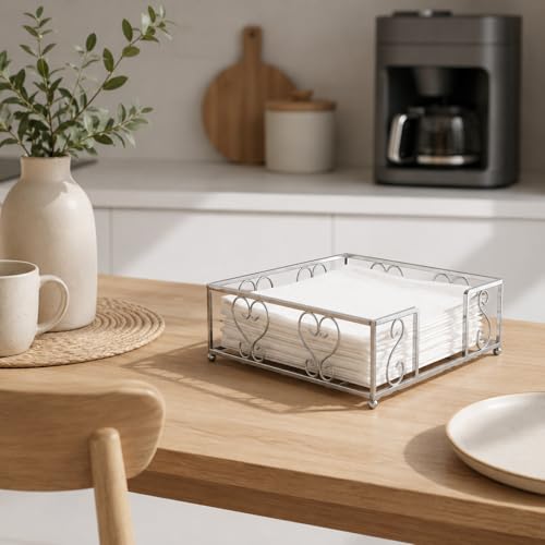 Flat Napkin Holder for Table, Silver Metal Weighted Paper Caddy - color: V - Luncheon Napkin Holder - Silver, size: Luncheon Napkin Holder