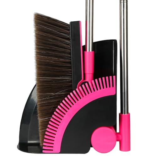 Triangular Indoor Broom and Dustpan Comb Set, 180° Rotating, Soft Bristle Long Handle Upright Sweeping Angled Broom with Self-Cleaning Teeth for Home, Kitchen, Office, Wood Floor (Black Pink) - color: Black Pink