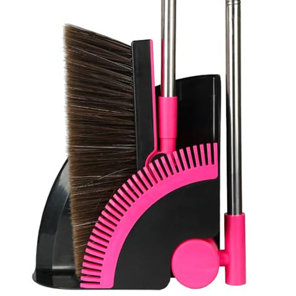 Triangular Indoor Broom and Dustpan Comb Set, 180° Rotating, Soft Bristle Long Handle Upright Sweeping Angled Broom with Self-Cleaning Teeth for Home, Kitchen, Office, Wood Floor (Black Pink) - color: Black Pink