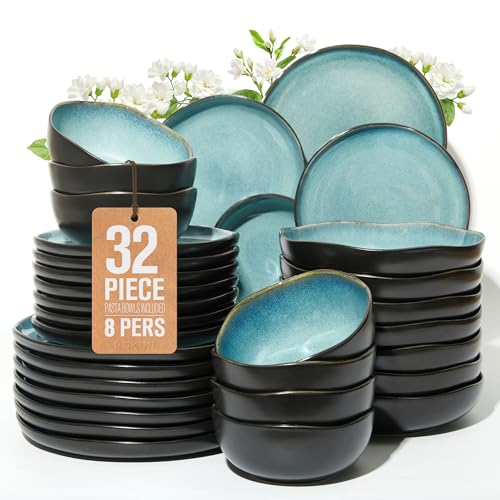 Pokini Stoneware Dinnerware Sets for 8, 32Pcs Ceramic Plates and Bowls Sets - color: Green Black, size: Set (32pcs)