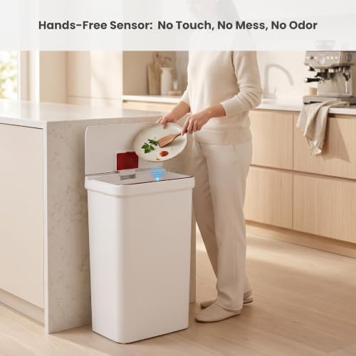 iTouchless 13.2 Gallon Sensor Trash Can with AbsorbX Odor Filter, Durable Dent-Proof Construction, Slim and Space-Saving Automatic Recycle Bin for Kitchen, Home Office, Garage, Business, White Plastic - color: Solid White