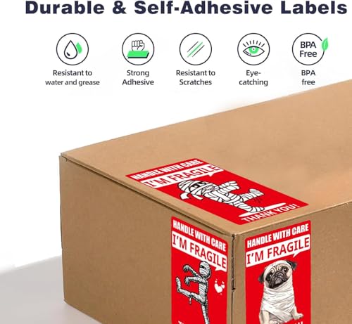 4x6 Inch Large Fragile Stickers 100pcs - Funny Mummy & Dog Design, Permanent Adhesive, Handle with Care Labels for Shipping Boxes - style: Large Fragile Stickers