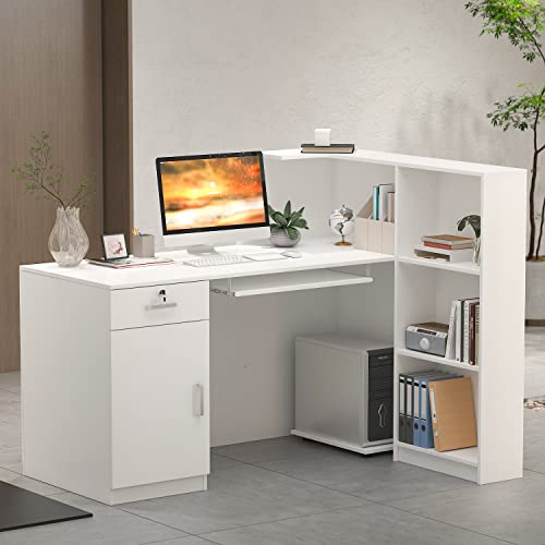 AIEGLE Reception Desk with Hutch, Reception Counter Desk with Lockable Drawers & Shelves, for Salon Recetion Room Retail Counter Checkout Office, White (55.1" W x 43.3" D x 43.3" H) - color: White
