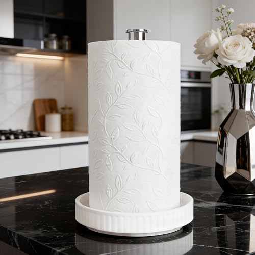 Paper Towel Holder Countertop,Ceramic Base,Fits Double to Family Rolls,D - color: Chic Silver