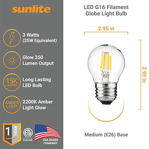 Sunlite 40962 LED G16 Filament Globe Light Bulb, 3 Watts (25W Equivalent), 250 Lumens, Dimmable, Medium E26 Base, Short Bulbs for Bedroom, Kitchen, 2200K Amber, 6 Count - color: 2200k Amber, size: 6 Count