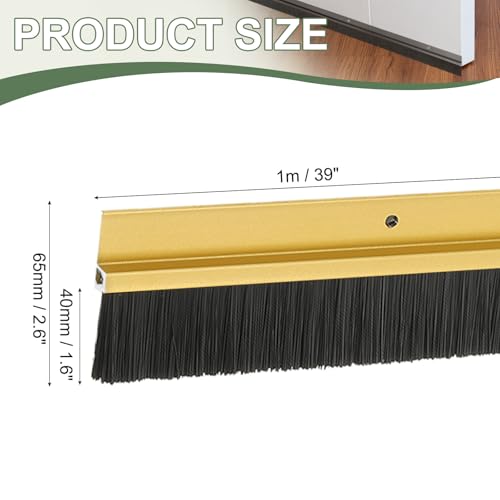 Door Sweep Aluminum Alloy Brush Sweeps, 1.6 Inch Black PP Brush 39"L x 2.6"W Fit for Gaps of Door Bottom - H-Shape Holder (Gold) - color: Gold, size: 1.6 Inch