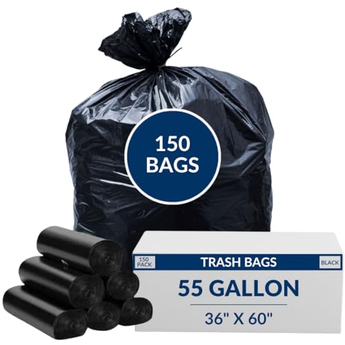 55 Gal Trash Bags | 150 Count | 36" X 60" Black Extra-Large Garbage Bags for Big Jobs