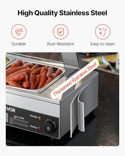 VEVOR Commercial Food Warmer, 1500W Electric Stainless Steel Steam Food Warmer with Glass Cover, Countertop Buffet Bain Marie with Five 1/2 Size Food Pans, for Catering, Restaurant, Party & Buffets - size: 5*1/2Pan