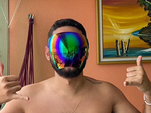 FEISEDY Full Face Shield Sunglasses – Anti-Fog UV400 Mirror Visor - color: 001 Black Green Rainbow Mirror