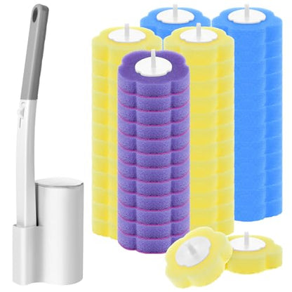 Disposable Toilet Brush Cleaning System with 60pcs Refills Pads Replacement Heads, Toilet Cleaning Stick, Wall Mounted Toliet Wand Kit Bathroom Maintenance, Toilet Bowl Cleaner Wands Holder and Set