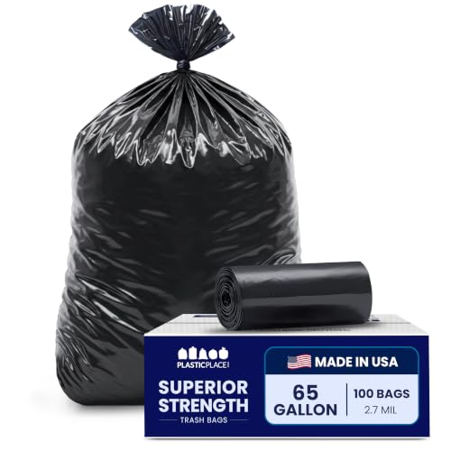 Plasticplace 65 Gallon Trash Bags, 2.7 Mil, Black Heavy Duty Garbage Can Liners,100 Count (Pack of 1) - size: 100 Count (Pack of 1)