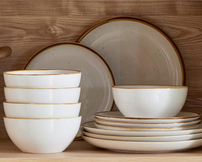 ONEMORE Plates and Bowls Set, Dinnerware Sets for 4, Porcelain Kitchen Dishes Set 12pcs, Scratch Resistant, Modern Aesthetic Dishware Sets- Microwave & Dishwasher Oven Safe,Farmhouse Style Cream White - color: Cream White
