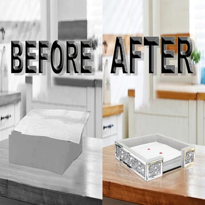 Wocred Flat Mirror Napkin Holder for Bathroom Vanity,Crystal Crushed Diamond Guest Towel Holder,Cute Napkin Tray for Kitchen,Dining table,Guest Bathroom.(8.1”X8.1”X2.6”) - size: 8.1x8.1x2.6 inch