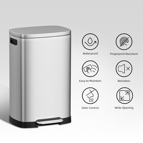 13 Gallon Stainless Steel Kitchen Trash Can, 50L, Rectangular, Soft-Close Lid, Fingerproof Finish, Hands-Free Operation, Odor Protection,Silver - color: Matte Silver