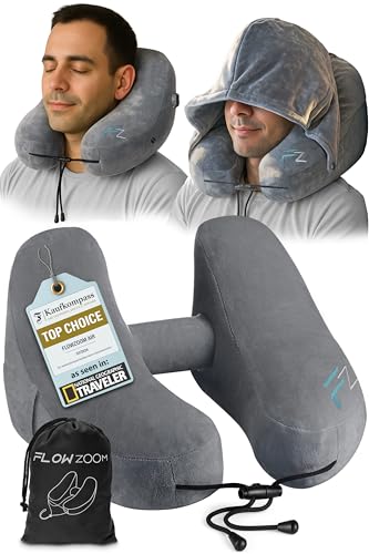 FLOWZOOM Air Inflatable Neck Pillow for Traveling on Plane - H-Shape Hooded Travel Pillow with 5 Snooze Modes, Fast Inflation, Pressure Control, Cozy Clip-On Hood & Plushy Cover - Size L, Silver Gray - color: Silver Gray