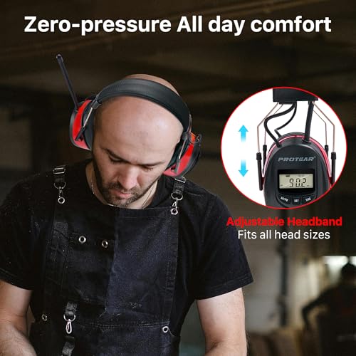 AM/FM Radio Headphones 25dB NRR,Noise Reduction Safety Earmuffs,Digital Display Headset,Powered by AA Battery,Hearing Protection for Walkman Mowing Lawn Work,Red - color: Red