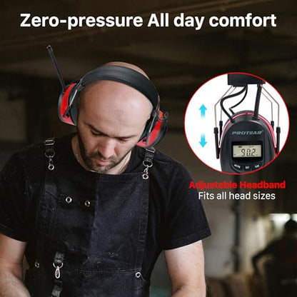 AM/FM Radio Headphones 25dB NRR,Noise Reduction Safety Earmuffs,Digital Display Headset,Powered by AA Battery,Hearing Protection for Walkman Mowing Lawn Work,Red - color: Red