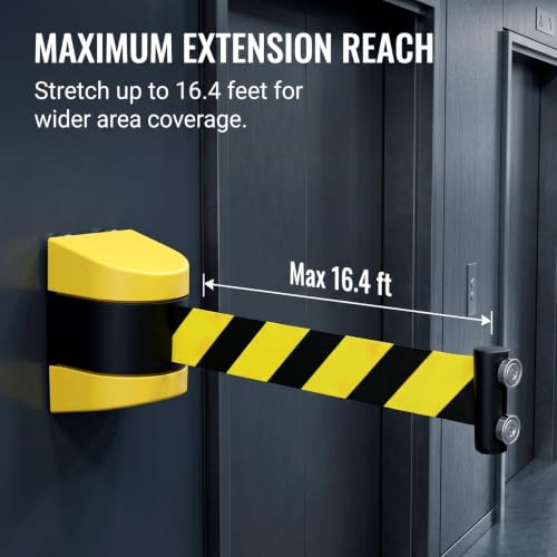 QWORK 2 Pack Magnetic Wall Mount Retractable Belt Barrier 15ft Yellow ABS Case – Heavy Duty Safety Line for Warehouse Aisles, Loading Bays & Hallways – Retractable Crowd Control Barrier