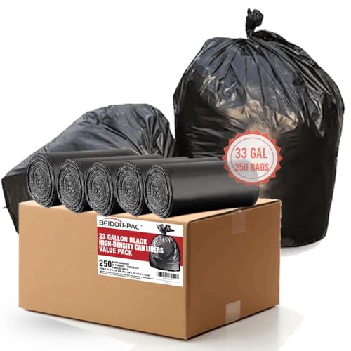 BEIDOU-PAC 33 Gallon Trash Bags, 250 Count Bulk, Black Garbage bags, Multi-purpose Trash Can Bin Liners for Home Commercial, Outdoor, Construction, Industrial, Janitorial, Municipal, Lawn, Leaf - style: 33 Gallon |12 Micron |250 Count