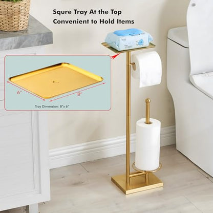 Toilet Paper Holder with Tray At the Top, Heavy-Weighted Base No Wobbly, Freestanding Toilet Paper Rolls Stand, Hold Extra 3 Paper Rolls On the Base (Gold) - color: Gold