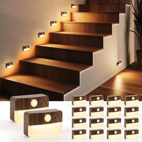 Guankai 16 Pack Motion Sensor Stair Light for Indoor, Battery Operated Closet Lights, Wireless Stick on Anywhere Hallway Lamp, Portable Led Night Lamps for Bedroom Under Cabinet Kitchen, Wood Grain - color: Wood Grain - Battery Powered, size: 16 Pack