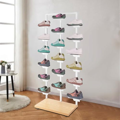 Commercial Clothing Store Shoe Rack Retail Store Shoe Display Shelf Free Standing Shoes Shelf Single Sided Shoes Racks 18 Compartments 24.25lbs Load Capacity (31.5 * 59.06in, White, Wood) - color: White, Wood