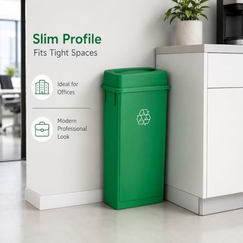 23 Gallon Slim Rectangular Commercial Trash Can, Heavy Duty Plastic Indoor Waste Bin for Kitchen, Office, Restaurant, School, Restroom & Janitorial Use (Green, with Lid) - color: Green
