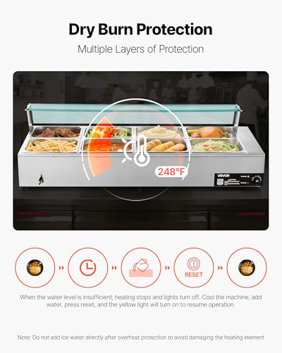 VEVOR Commercial Food Warmer, 1700W Electric Stainless Steel Steam Food Warmer with Glass Cover, 8-Pan Countertop Buffet Bain Marie with Soup & Perforated Ladles, for Catering, Restaurant & Party - size: 8x1/2Pan ;96QT