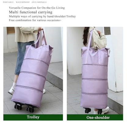 4-in-1 Expandable Rolling Duffel Bag with Detachable Wheels, 28L-80L Collapsible Luggage with Bonus Spare Wheel, Foldable Travel Trolley for Carry-On, Weekend, Shopping & Moving (Light Purple) - color: Light Purple