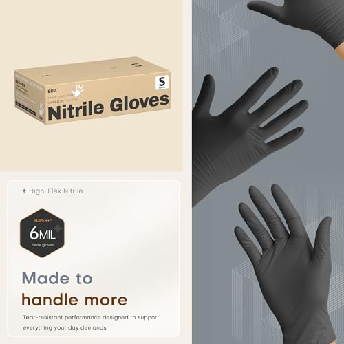 SUPER+ Black Nitrile Gloves HEAVY DUTY 6 Mil Disposable Chemical Resistant Powder & Latex Free Medical Food Safe, 60/600 Ct - color: 60 Small (Black)
