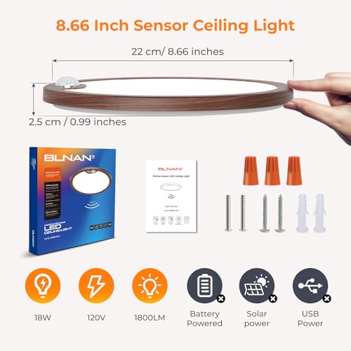 BLNAN Motion Sensor Ceiling Light Wired, 8.7 Inch 3000K 4000K 5000K Selectable LED Flush Mount Light Fixture, Motion Activated Light with Timer for Hallway Stair Walk-in Closet, Non-Dimmable - Walnut - size: 8.7inch-1pack Walnut
