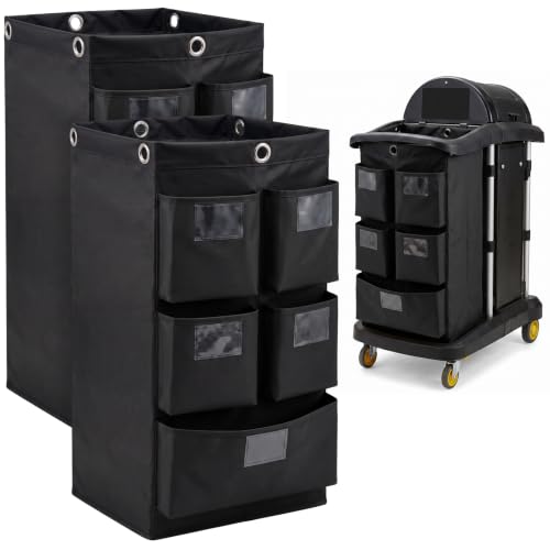 Meanplan 2 Pack Cleaning Cart Bag 20 Gallon Replacement Janitorial Cart with 5 Pockets Thick Bag Zippered 27 x 15.75 x 11 Inch Large Capacity Commercial Cleaning Bags for Housekeeping Carts(Black) - color: Black