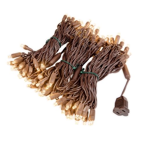 100 Warm White Wide Angle LED Mini Lights, 50 Ft, Brown Wire