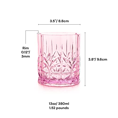 BELLAFORTE Shatterproof Tritan Plastic Short Tumbler, Set of 4, 13oz - Myrtle Beach Unbreakable Crystal Cut Old Fashioned Drinking Glasses for Whiskey - BPA Free - Dishwasher Safe - Pink - color: Pink