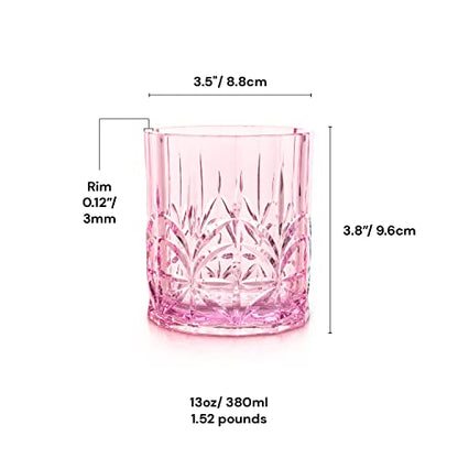 BELLAFORTE Shatterproof Tritan Plastic Short Tumbler, Set of 4, 13oz - Myrtle Beach Unbreakable Crystal Cut Old Fashioned Drinking Glasses for Whiskey - BPA Free - Dishwasher Safe - Pink - color: Pink
