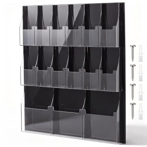 Sintuff Acrylic Brochure Rack 3 Magazine Holders 12 Pamphlet 31.7 x 28.3 Inch Wall Mounted Three Fold Brochure Rack Black Transparent Suitable for Data Storage in Offices School Homes