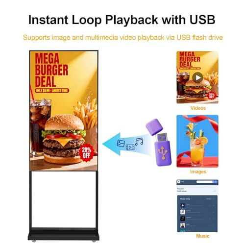 32 Inch Digital Signage Display, 700nits Menu Displays, Indoor Floor Standing Display, LCD Advertising Display, CMS Remote Publishing, U-Disk Plug & Play, APP, Android OS, HDMI in