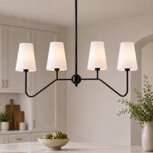 43" W 4-Light Linear Chandelier,Black Kitchen Island Pendant Lighting with White Fabric Shades,Adjustable Height Modern Dining Room Light Fixture,E12 for Kitchen Dining Room Foyer - color: 4 Light-Black