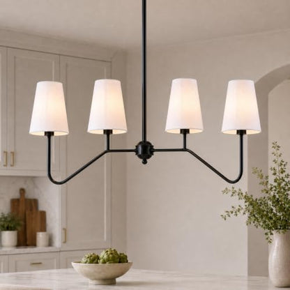 43" W 4-Light Linear Chandelier,Black Kitchen Island Pendant Lighting with White Fabric Shades,Adjustable Height Modern Dining Room Light Fixture,E12 for Kitchen Dining Room Foyer - color: 4 Light-Black