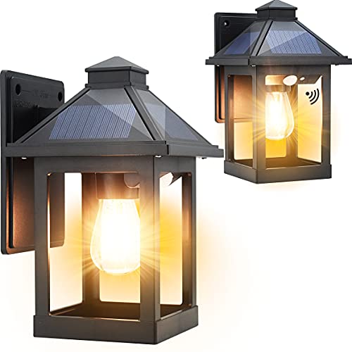 2 Pack Solar Wall Lanterns Outdoor with 3 Modes, Dusk to Dawn Motion Sensor - color: Black (2 Pack)
