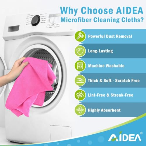 AIDEA Pink Microfiber Cleaning Cloth-50PK, Absorbent Cleaning Rags 12"x12" - color: Pink, size: 12in.x12in.