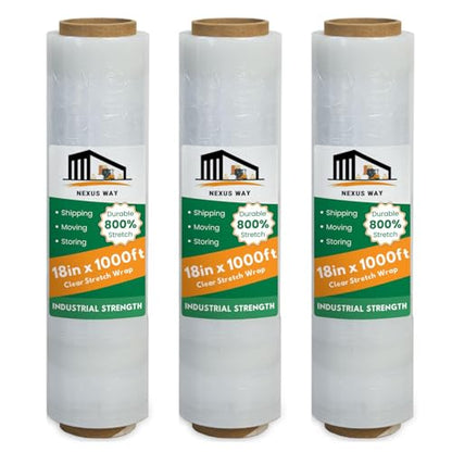 NEXUSWAY 18'' Stretch Film Wrap for Moving - Stretch Film Pallet Wrap Roll Heavy Duty 1000 feet 80 Gauge Industrial Strength up to 800% Stretch 20 Microns for Shipping Moving Furniture (Pack of 3) - style: Pack of 3