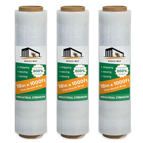 NEXUSWAY 18'' Stretch Film Wrap for Moving - Stretch Film Pallet Wrap Roll Heavy Duty 1000 feet 80 Gauge Industrial Strength up to 800% Stretch 20 Microns for Shipping Moving Furniture (Pack of 3) - style: Pack of 3