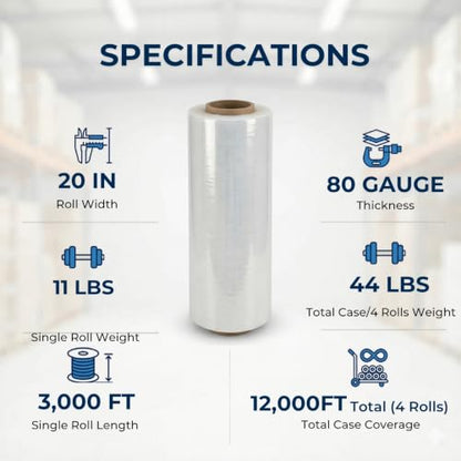 4 Pack of 20" x 3,000 ft Industrial Stretch Film, 80 Gauge - size: 4 x 3,000 ft