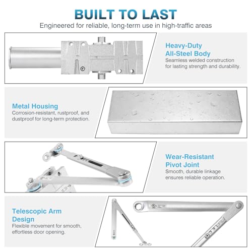 IRONWALLS Heavy Duty Hydraulic Door Closer Commercial Surface Mount Silver - color: Silver
