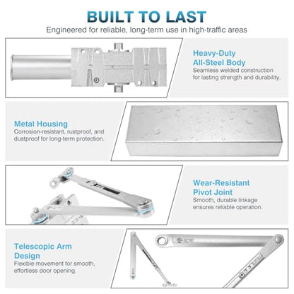 IRONWALLS Heavy Duty Hydraulic Door Closer Commercial Surface Mount Silver - color: Silver