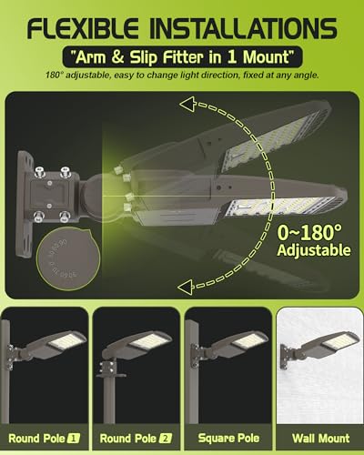 LED Parking Lot Light 200W/180W/150W Selectable, Dimmable 32000LM 160LM/W 5000K, Dusk to Dawn Photocell, IP65/ETL/100-277V, Arm Mount & Slip Fitter in 1 for Driveway, Commercial Area & Security - size: 200W/180W/150W Selectable