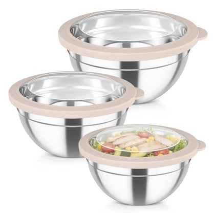 TeamFar Mixing Bowls with Lids, 4.5/3/1.5 QT Stainless Steel Nesting Bowls - color: Khaki