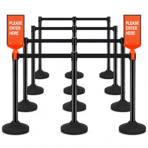12 Pack Stanchions with Retractable Belts - Heavy Duty Crowd Control Barriers with Weighted Rubber Base, 10FT Retractable Belt Stanchions for Queue Line, Events, Public Safety(Black，12 Pack） - color: Black - 12 Pack, style: Round Base