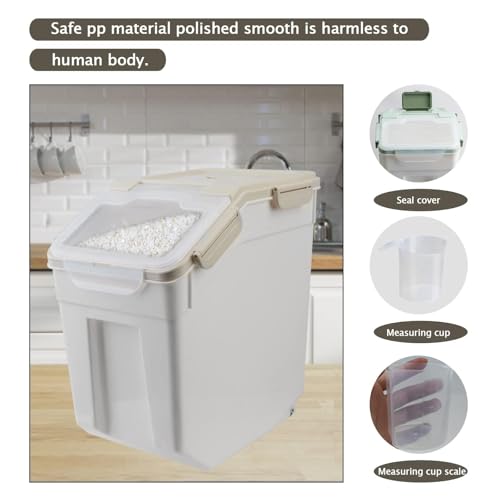 Large Flour Storage Container 25lb, 4 Pack Airtight Rice Storage Containers with Wheels Seal Locking Lid, Measuring Cup, Scoop, BPA Free Dry Food Bin for Sugar, Beans, Grain - Grey - color: 4Pcs 25LB Grey
